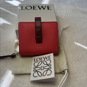 Loewe Dark Pink Leather Compact Wallet with Dark Brown Strap, red interior